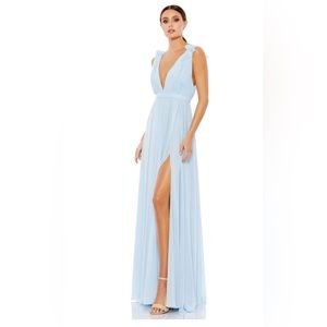 Ieena for Mac Duggal pleated chiffon sleeveless  v-neck gown in powder b…